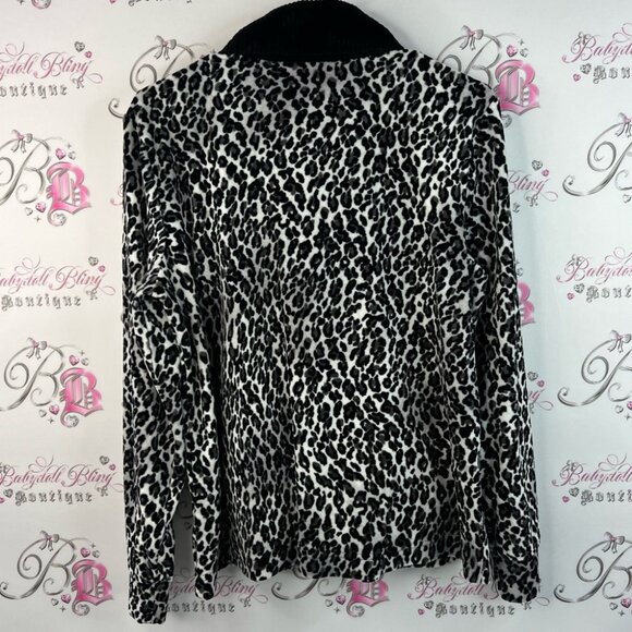 Jones Studio sweater zip up cheetah animal print black White Leopard Print Top - Picture 2 of 12